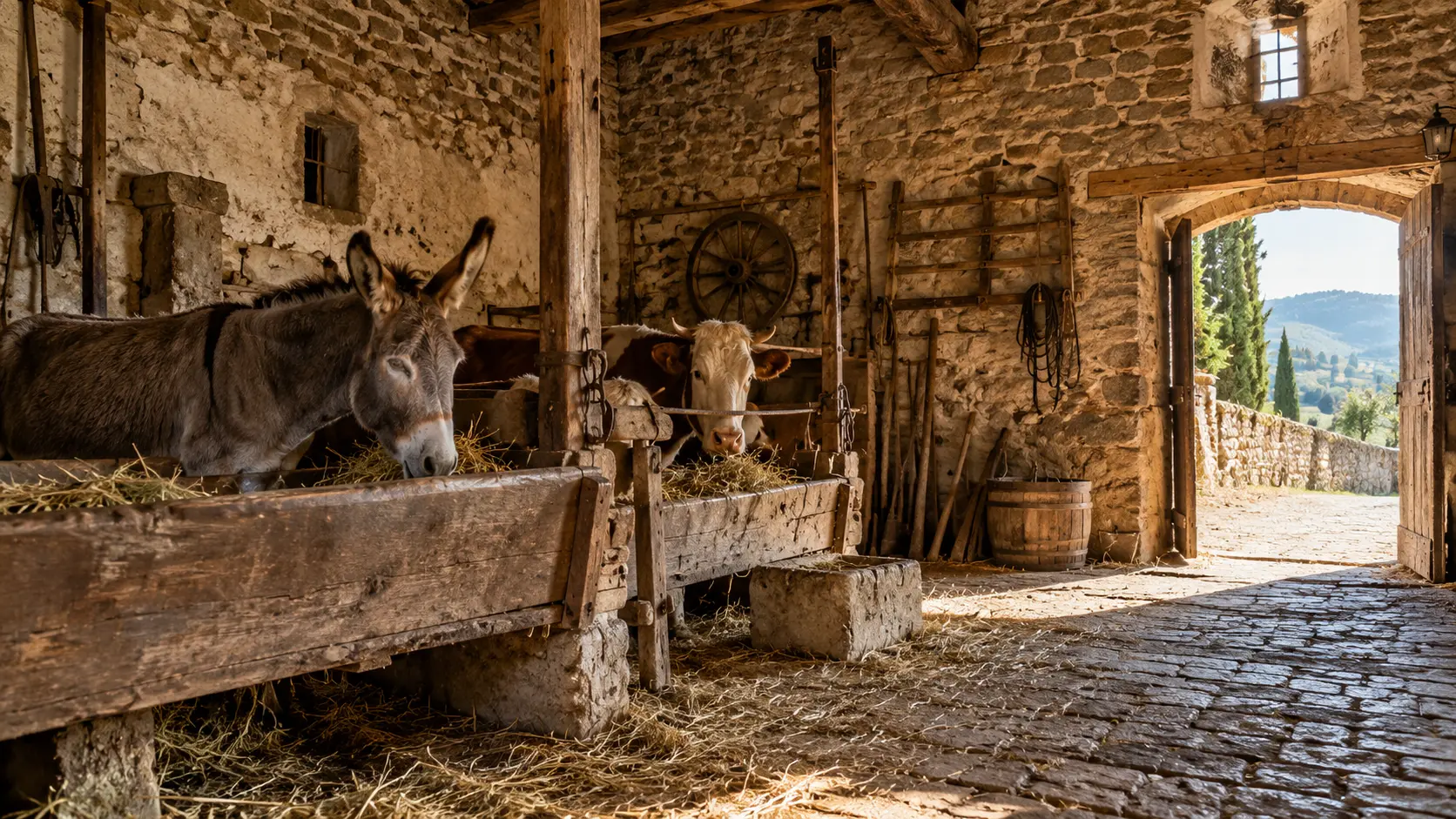 Donkey and cows inside a traditional Tuscan farmhouse stable
