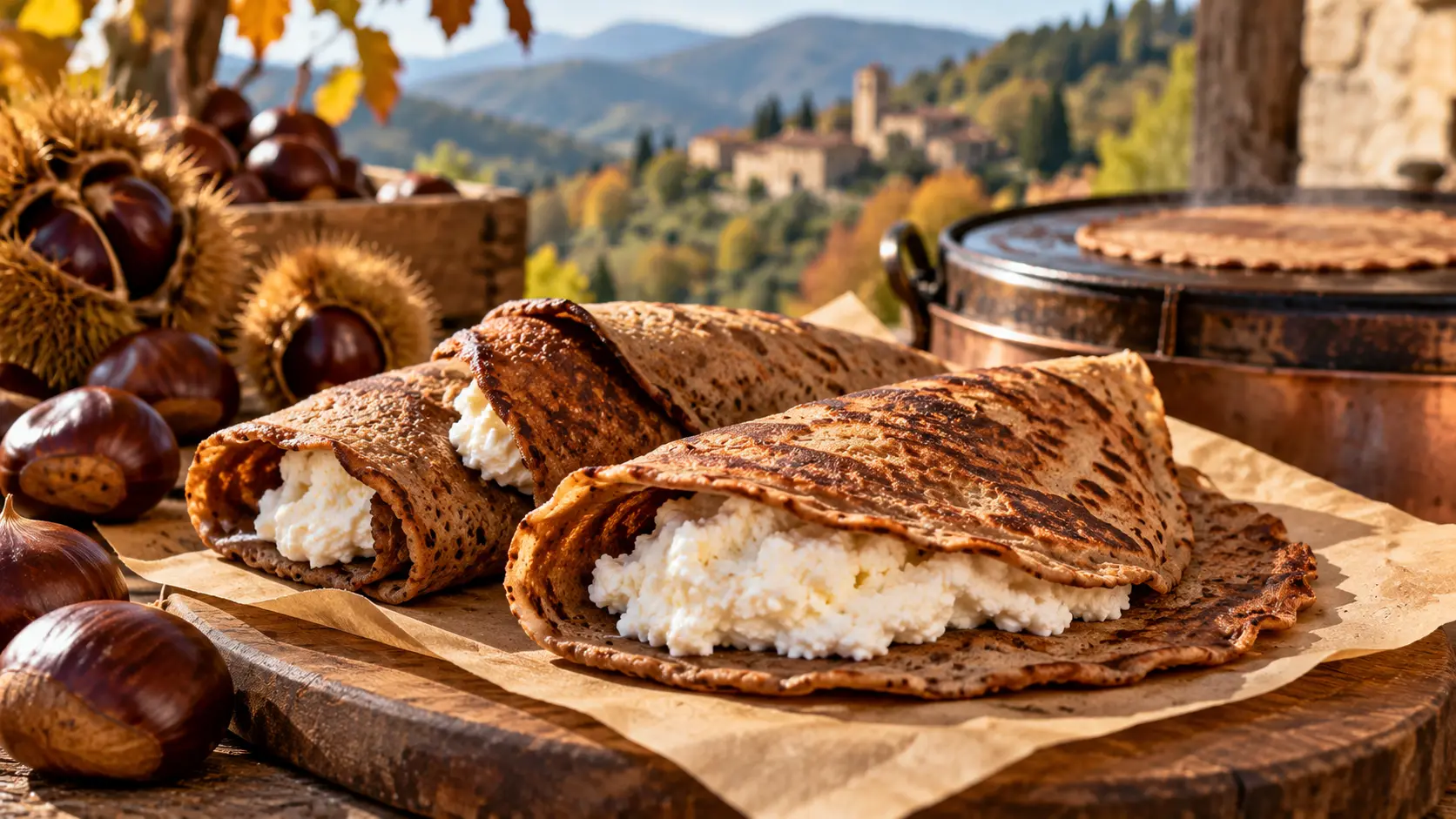 Traditional Tuscan necci made with chestnut flour and filled with fresh ricotta