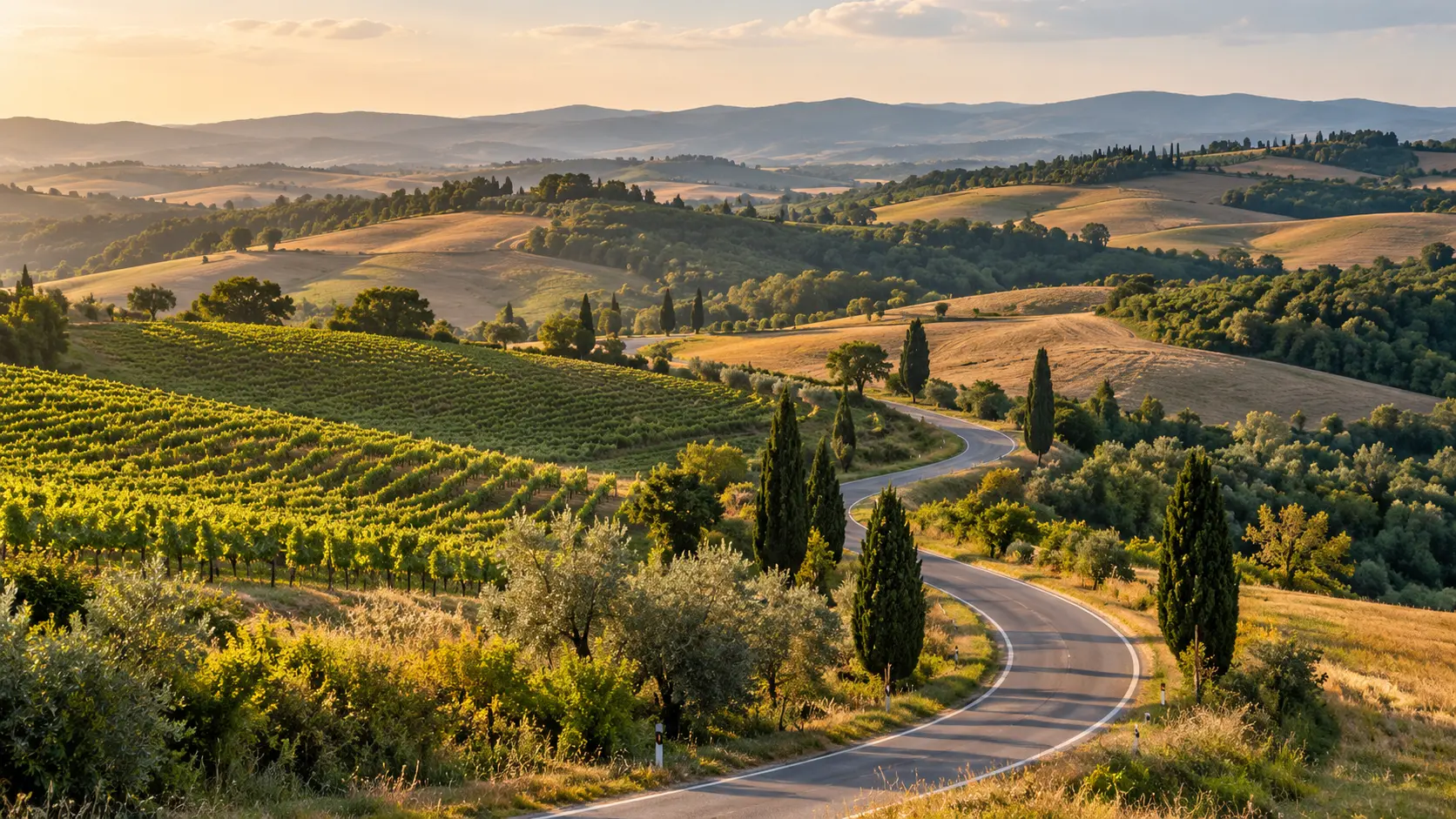 Winding road through the Tuscan hills between Siena and San Gimignano