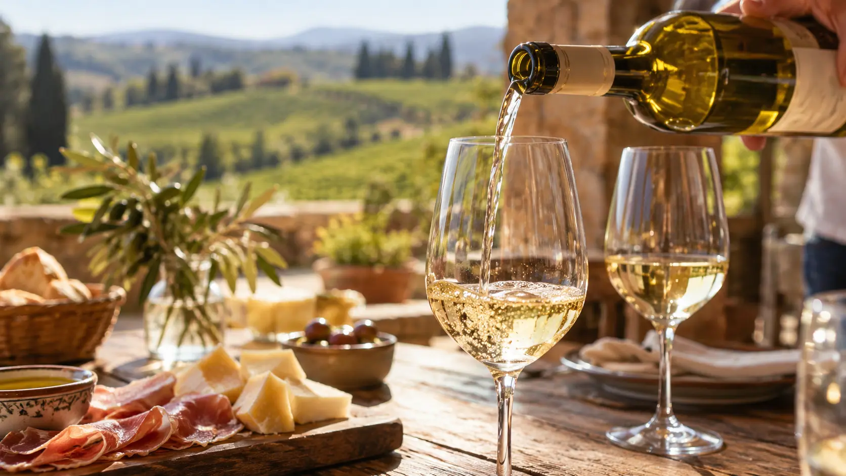 Vernaccia di San Gimignano white wine poured during a tasting