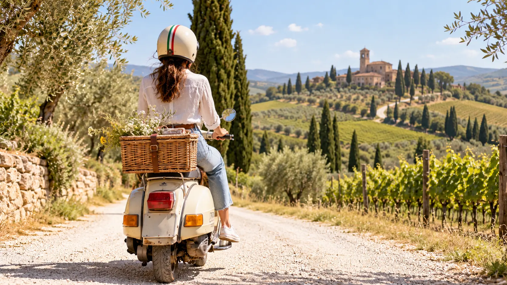Woman riding a Vespa along a scenic road through the Chianti countryside.