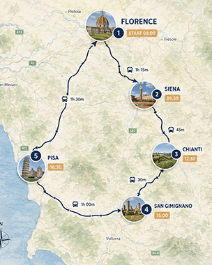 Scenic Tuscan route with guided stops and free time.